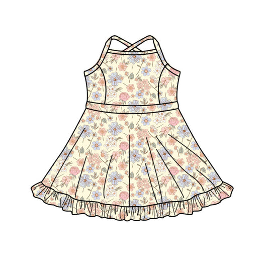 Baby Girls Strap Flowers Yoga Shorts Ruffle Knee Length Dresses Preorder