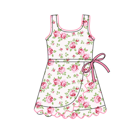 Baby Girls Sleeveless Pink Flowers Shorts Yoga Ruffle Knee Length Dresses Preorder