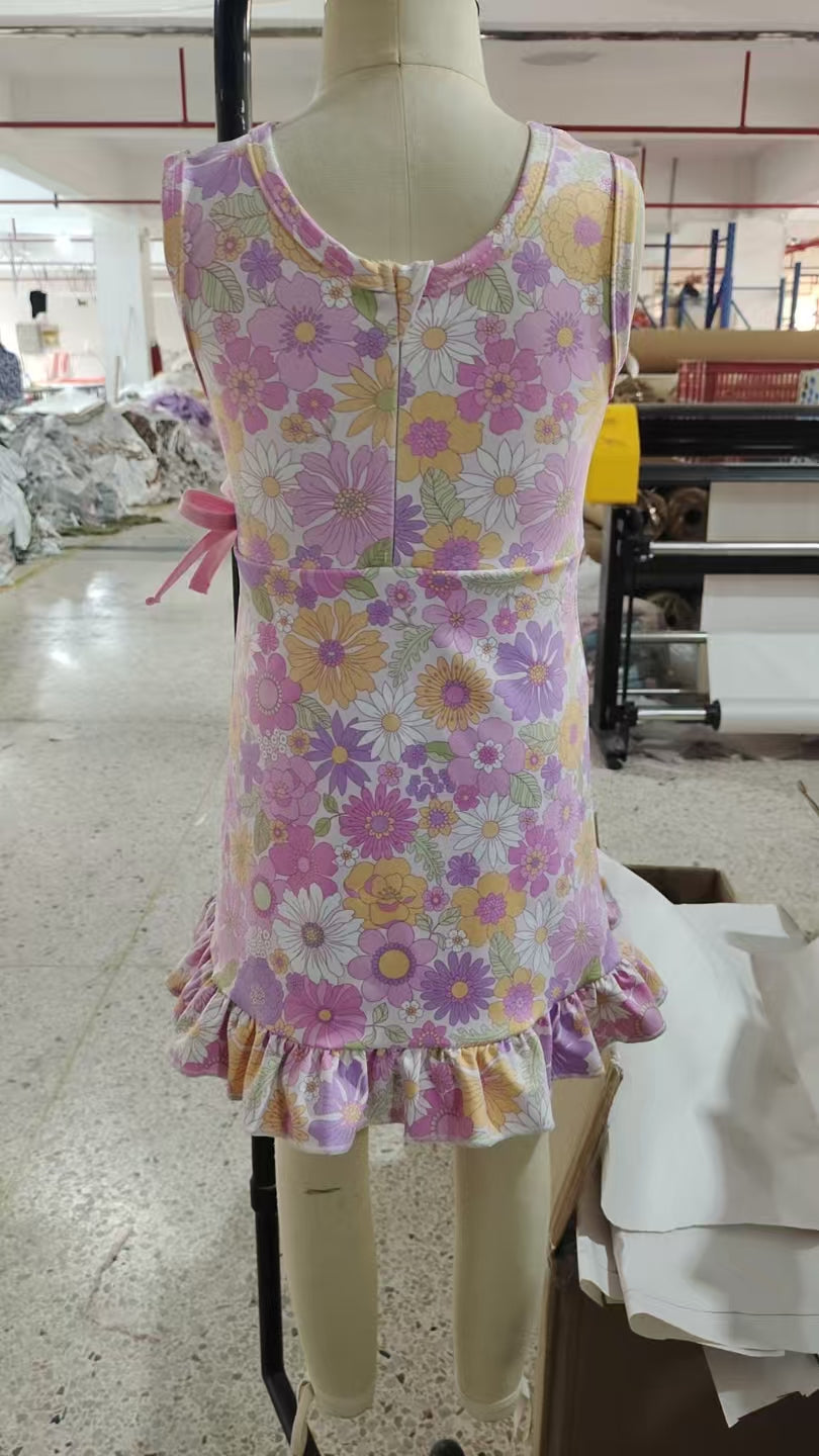 Baby Girls Sleeveless Colorful Flowers Shorts Yoga Ruffle Knee Length Dresses Preorder