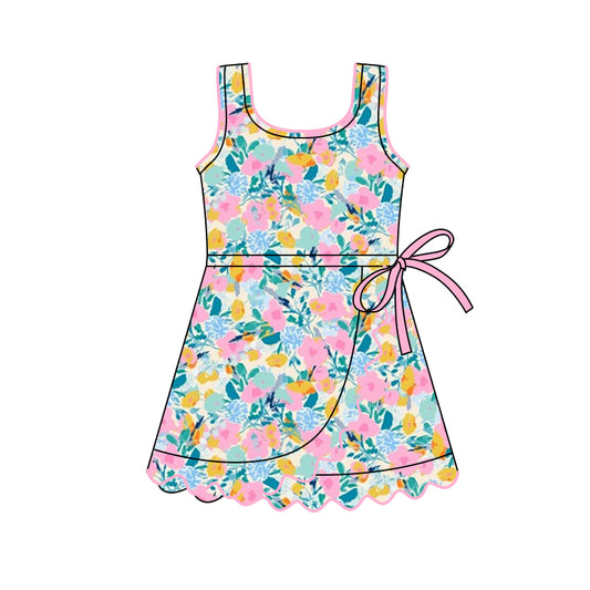 Baby Girls Sleeveless Colorful Flowers Shorts Yoga Ruffle Knee Length Dresses Preorder