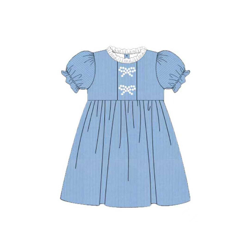 Baby Girls Blue Short Ruffle Sleeve Bows Knee Length Dresses Preorder