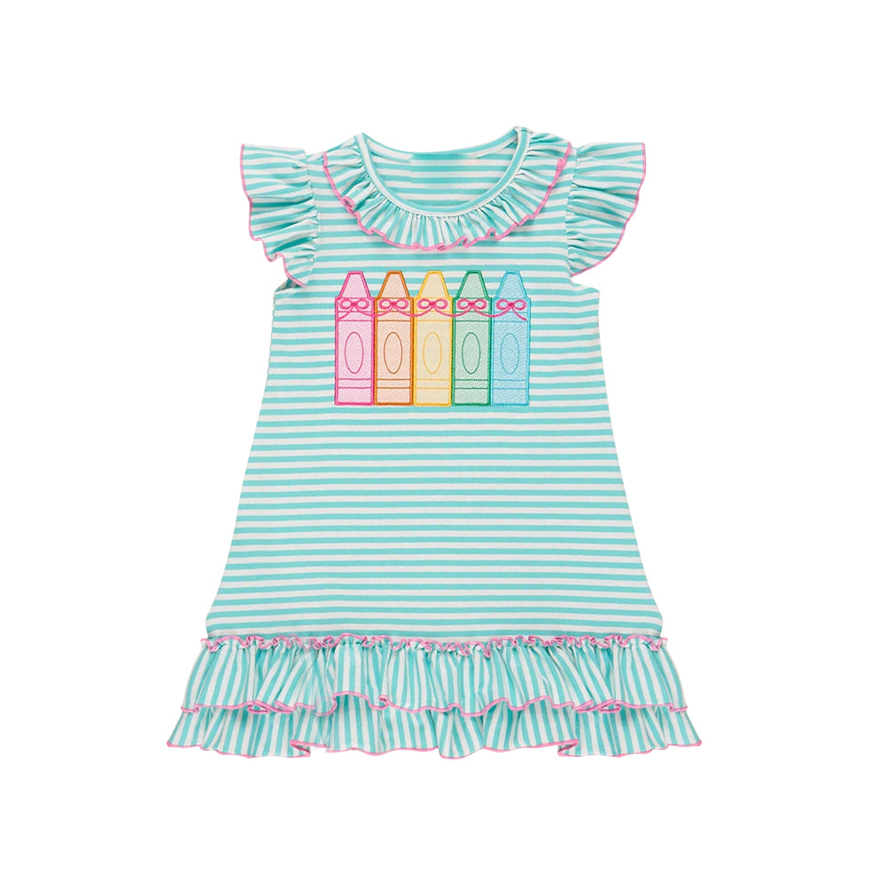 Baby Girls Stripe Bows Pencils Back to School Ruffle Knee Length Dresses Preorder
