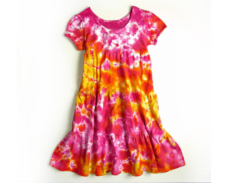 Baby Girls Colorful Tie-dye Patchwork Ruffle Knee Length Dresses Preorder