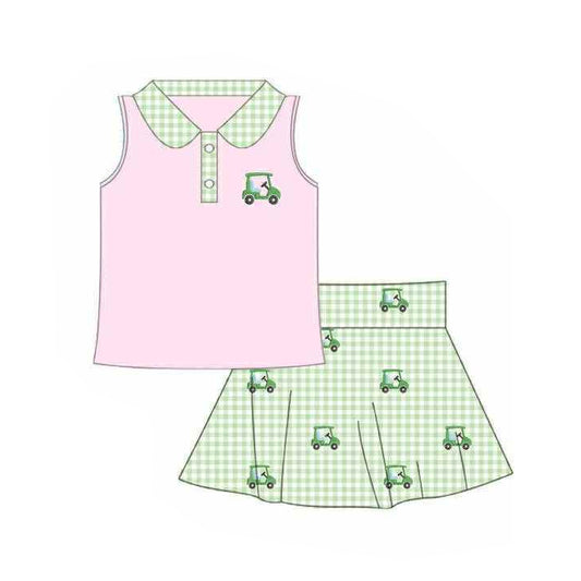 Baby Girls Pink Golf Trucks Button Top Checked Skirt Shorts Clothes Sets Preorder