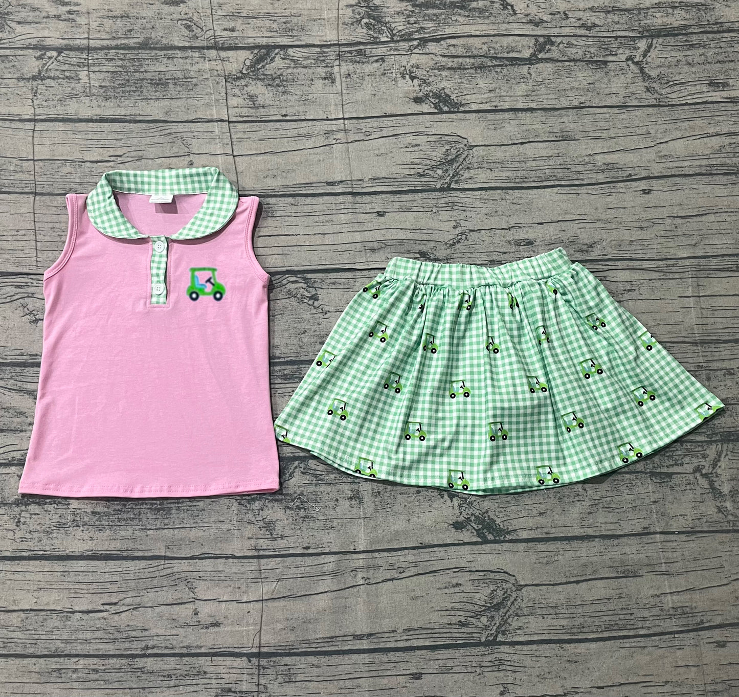 Embroidery Golf Trucks Baby Girls Button Top Checked Skirt Shorts Clothes Sets