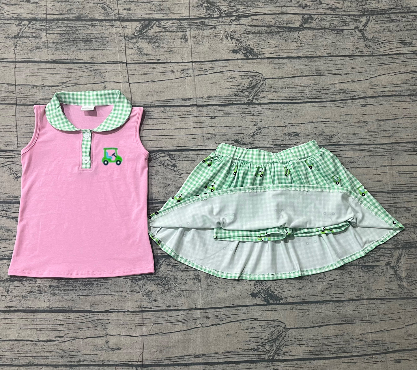Embroidery Golf Trucks Baby Girls Button Top Checked Skirt Shorts Clothes Sets