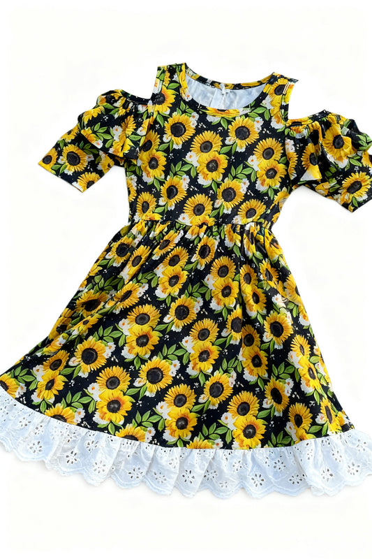 Baby Girls Sunflowers Plaid Lace Ruffle Knee Length Dresses Preorder