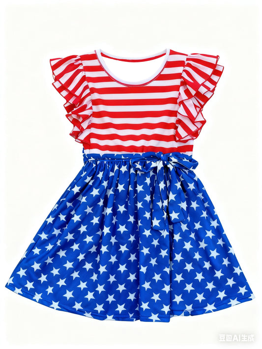 Baby Girls Red Blue Stripe Stars 4th of July Knee Length Dresses Preorder