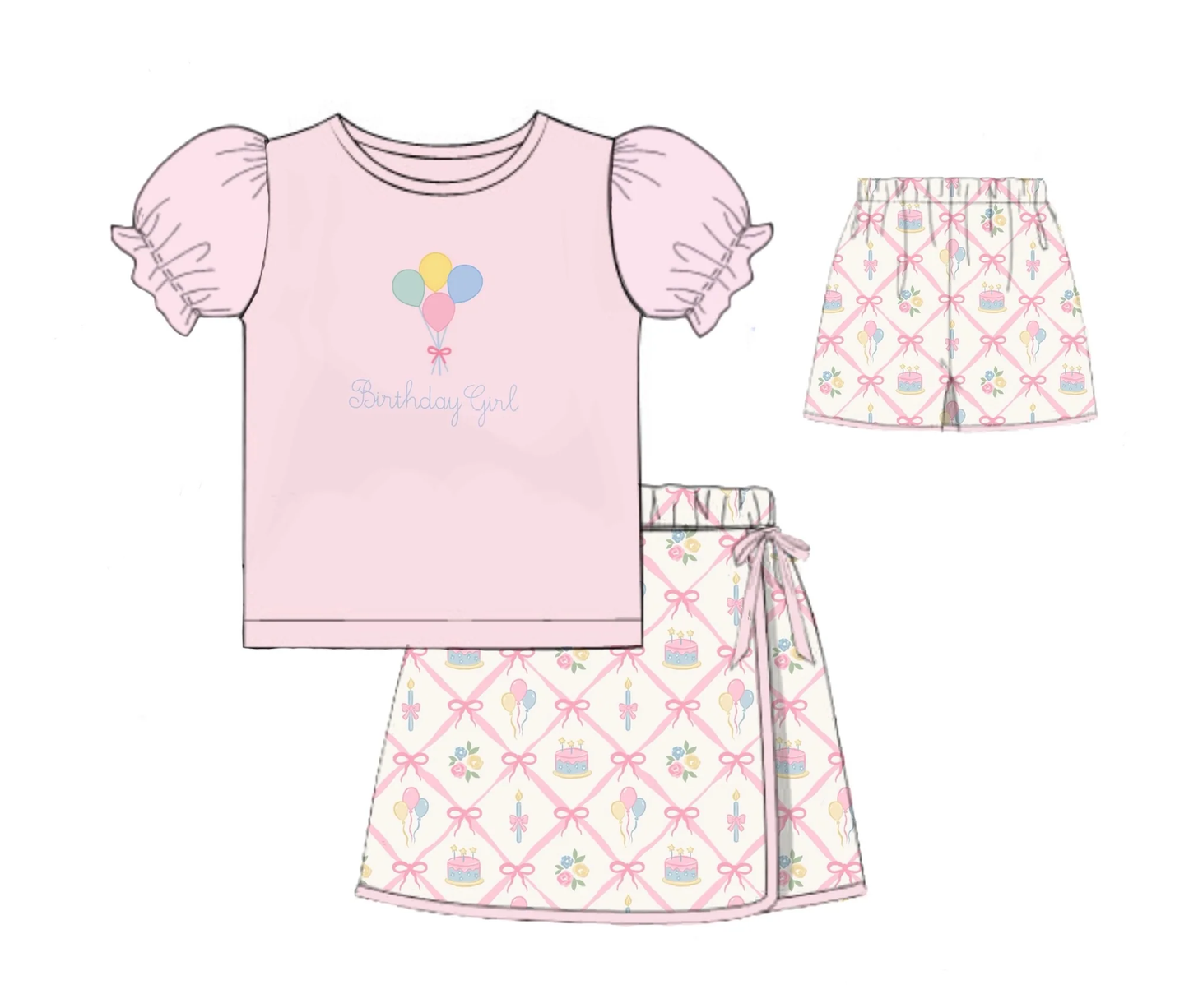 Baby Birthday Girl Balloons Top Checked Skirt Shorts Clothes Sets Preorder