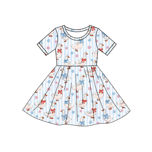 Baby Girls Blue Stripe Flowers Bows Gooses Knee Length Dresses Preorder