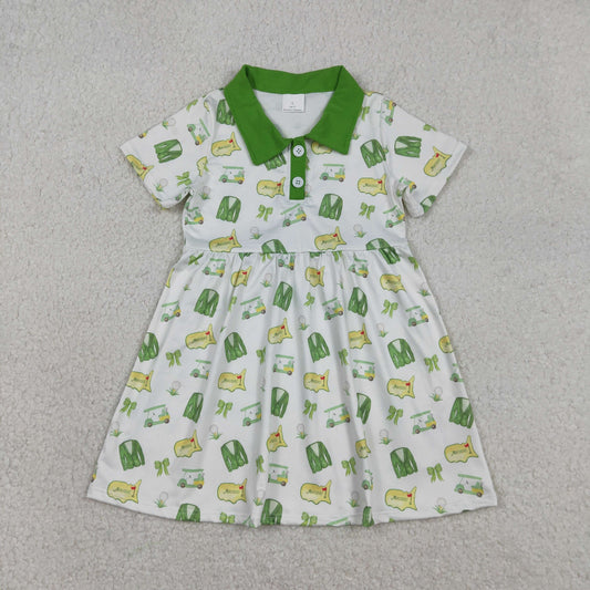 Baby Girls Green Golf Trucks Button Knee Length Dresses