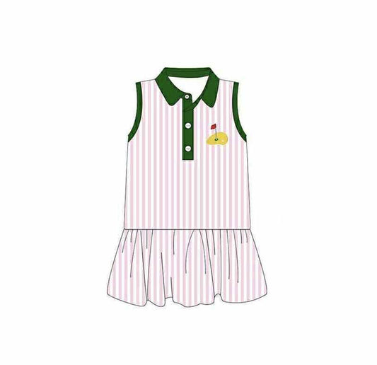 Baby Girls Pink Stripe Golf Flags Button Ruffle Knee Length Dresses Preorder