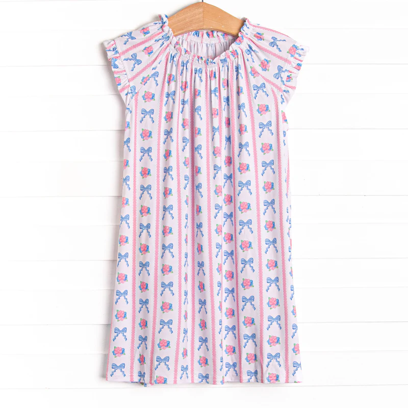 Baby Girls Pink Blue Bows Flowers Stripe Knee Length Dresses Preorder