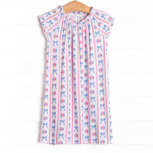 Baby Girls Pink Blue Bows Flowers Stripe Knee Length Dresses Preorder