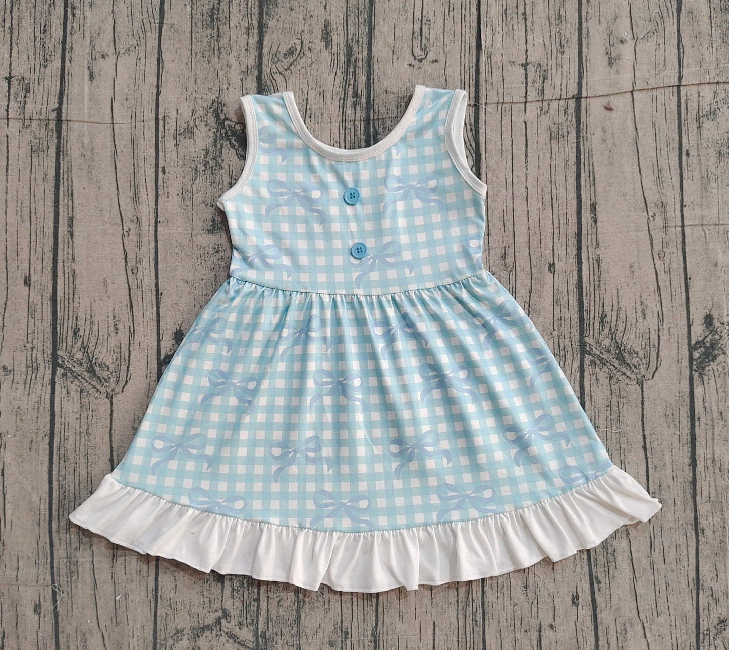 Baby Girls Blue Checked Bows Sleeveless Ruffle Knee Length Dresses Preorder