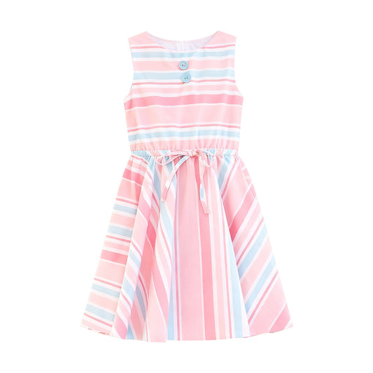 Baby Girls Sleeveless Stripes Button Bows Knee Length Dresses Preorder