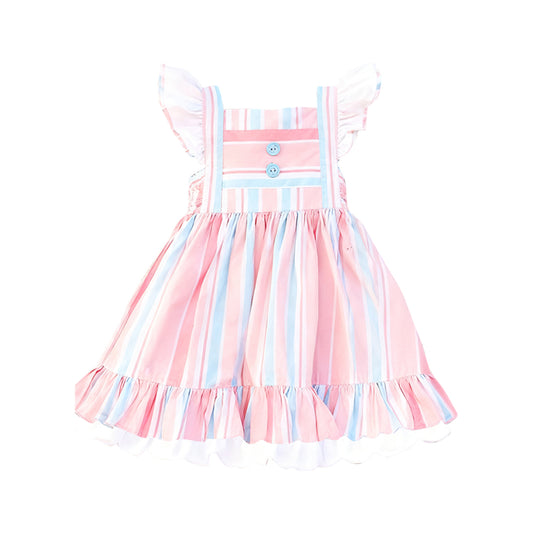 Baby Girls Flutter Sleeve Stripes Button Ruffle Knee Length Dresses Preorder