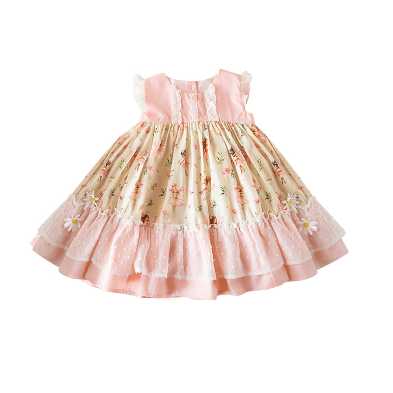 Baby Girls Sleeveless Flowers Button Ruffle Knee Length Dresses Preorder