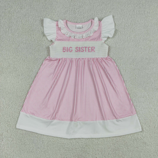 Smocked Big Sister Baby Girls Flutter Sleeve Pink Stripe Knee Length Dresses