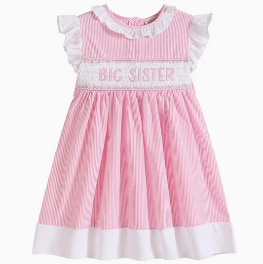 Baby Girls Flutter Sleeve Pink Stripe Big Sister Collar Knee Length Dresses Preorder