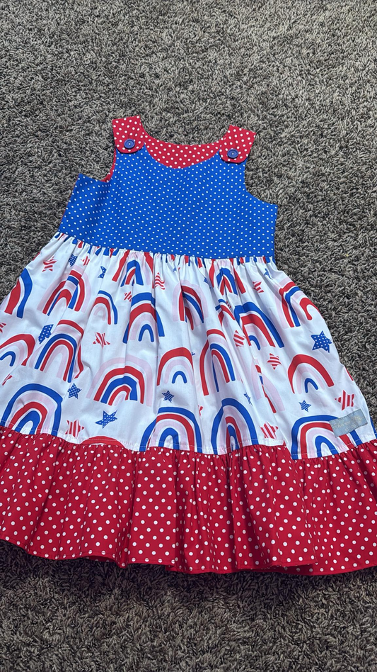 Baby Girls Blue Red Rainbows Polka Dots 4th of July Knee Length Dresses Preorder