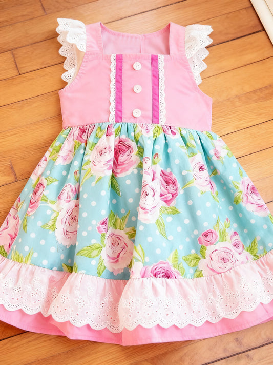 Baby Girls Pink Flowers Polka Dots Button Ruffle Knee Length Dresses Preorder