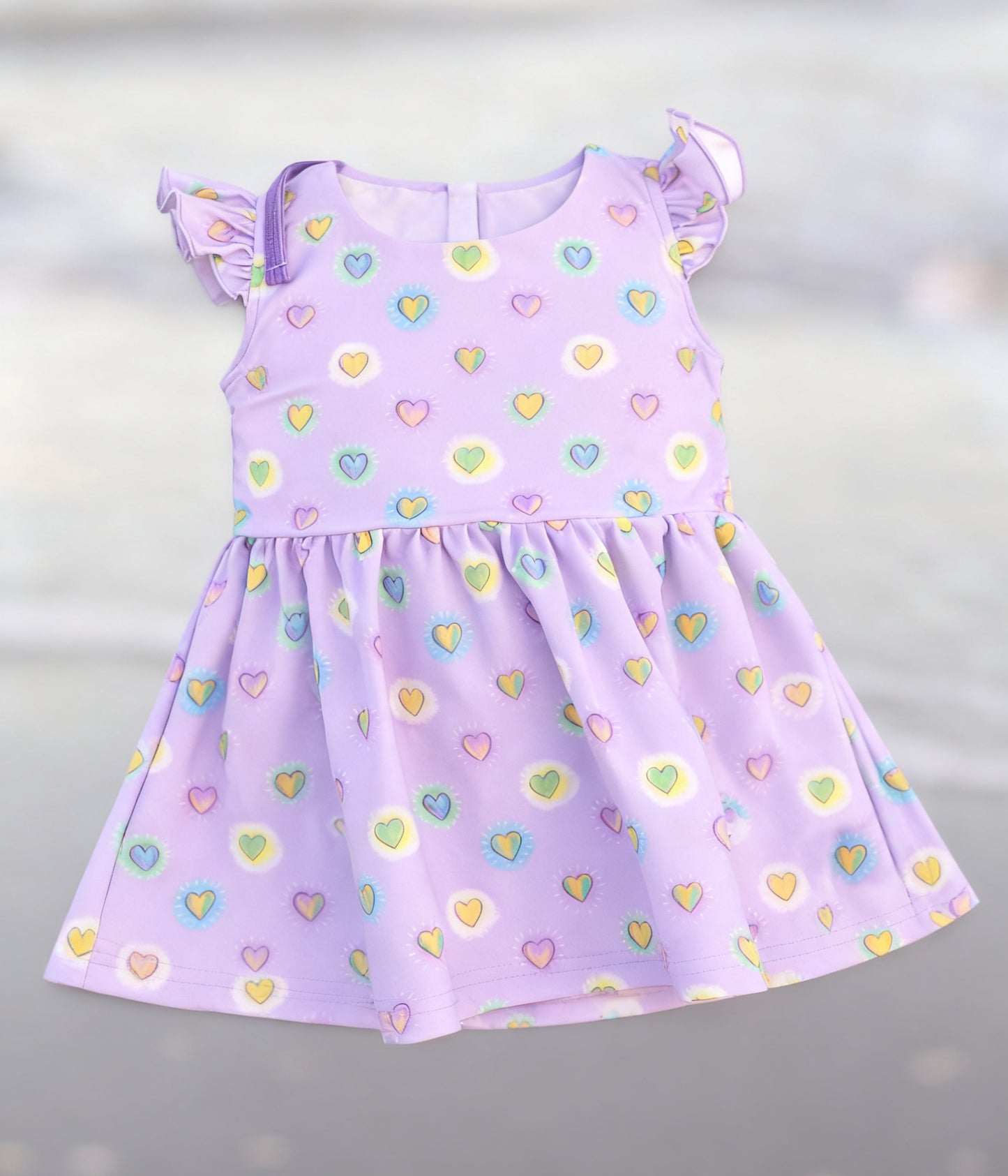 Baby Girls Flutter Sleeve Colorful Hearts Valentines Knee Length Dresses Preorder
