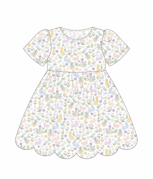Baby Girls Short Sleeve Rabbits Floral Easter Ruffle Knee Length Dresses Preorder