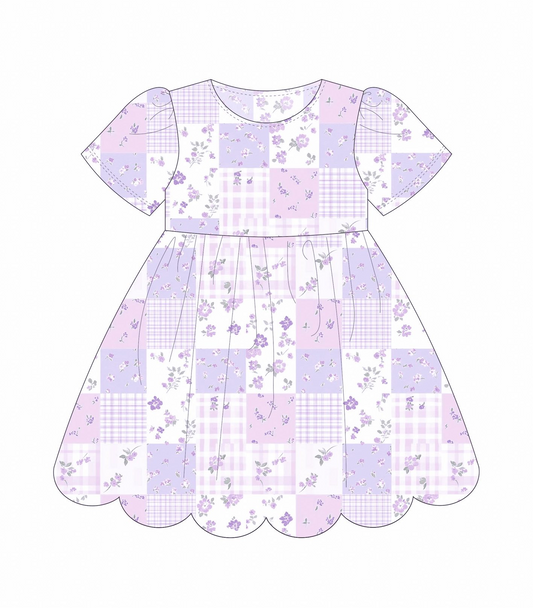 Baby Girls Short Sleeve Lavender Checked Ruffle Knee Length Dresses Preorder