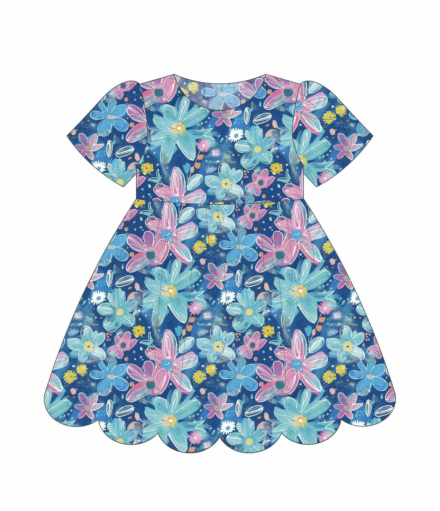 Baby Girls Short Sleeve Blue Pink Flowers Ruffle Knee Length Dresses Preorder