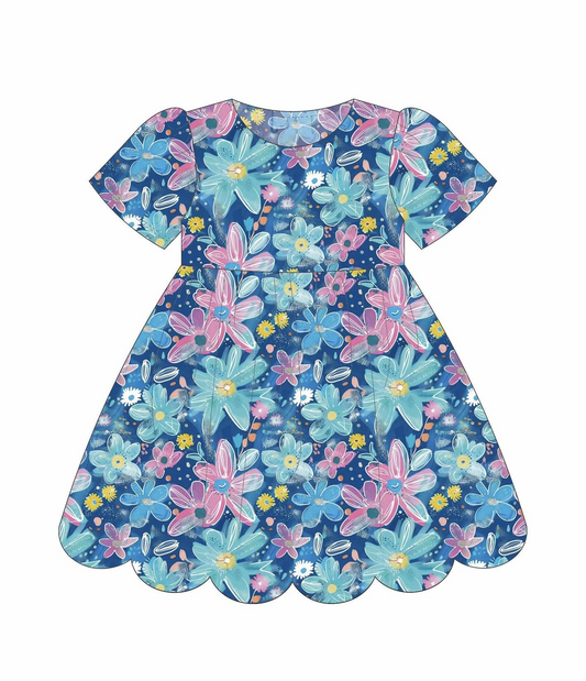 Baby Girls Short Sleeve Blue Pink Flowers Ruffle Knee Length Dresses Preorder