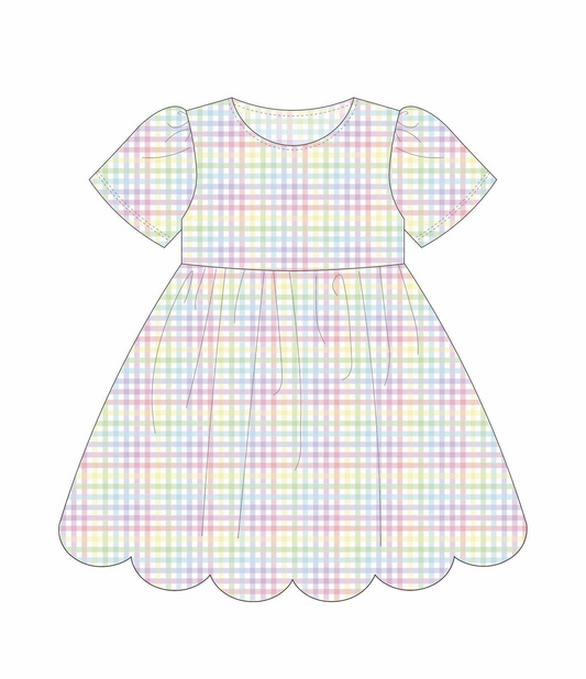 Baby Girls Short Sleeve Colorful Checked Ruffle Knee Length Dresses Preorder