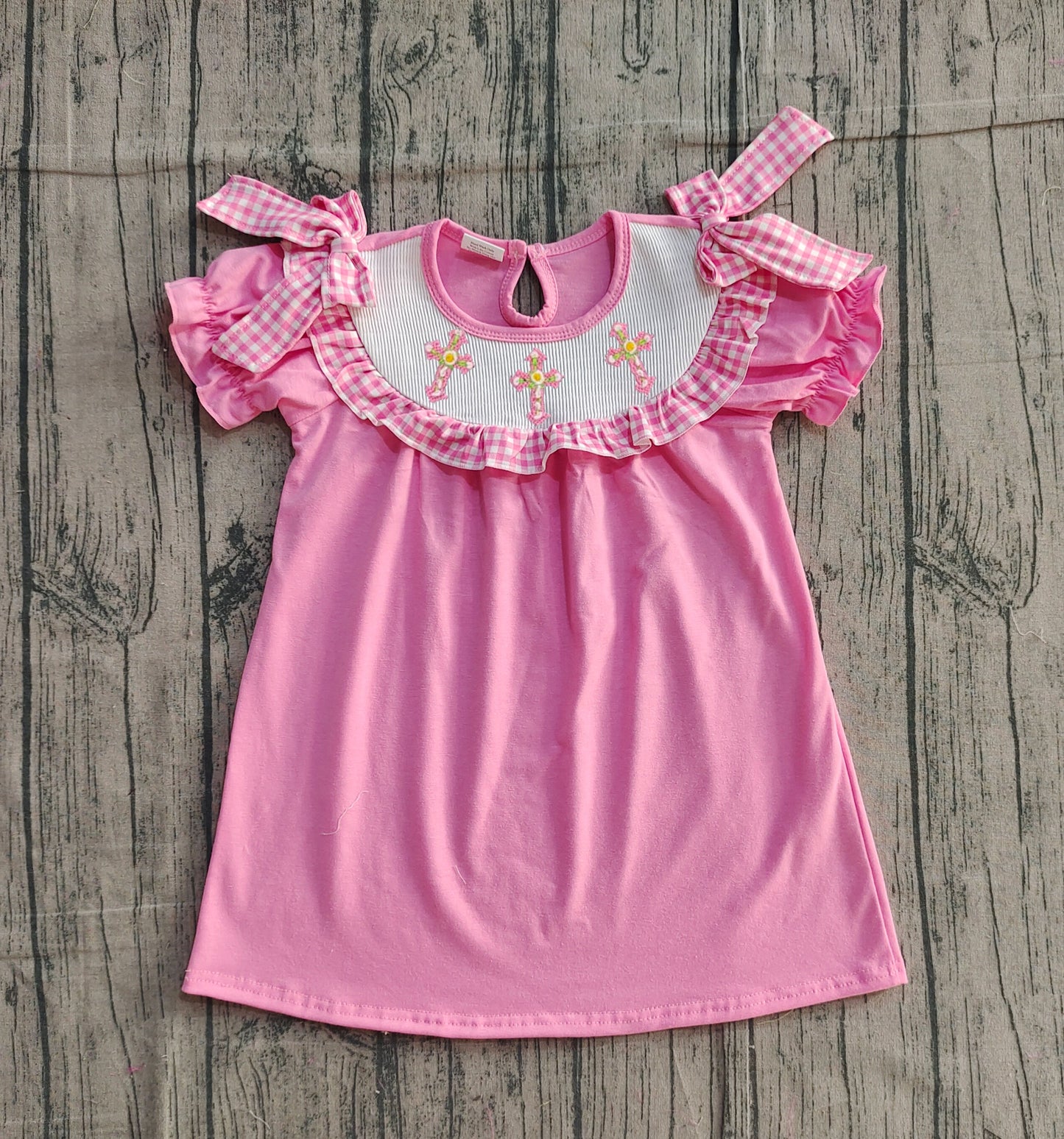 Smocked Crosses Baby Girls Short Ruffle Sleeve Easter Knee Length Dresses Preorder