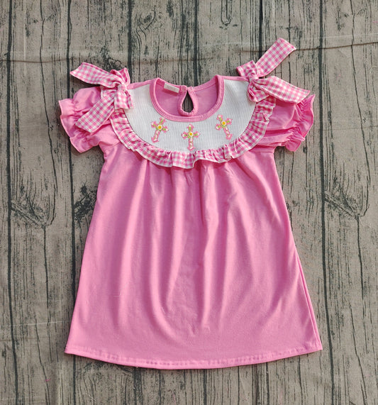 Smocked Crosses Baby Girls Short Ruffle Sleeve Easter Knee Length Dresses Preorder