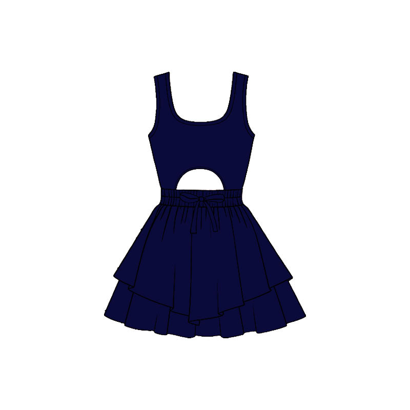 Baby Girls Navy Sleeveless Vest Ruffle Bottom Yoga Shorts Knee Length Dresses Preorder