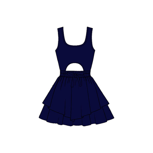 Baby Girls Navy Sleeveless Vest Ruffle Bottom Yoga Shorts Knee Length Dresses Preorder