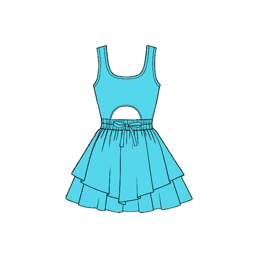 Baby Girls Blue Sleeveless Vest Ruffle Bottom Yoga Shorts Knee Length Dresses Preorder