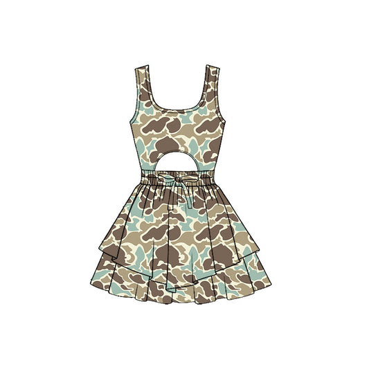 Baby Girls Southern Camo Sleeveless Vest Ruffle Bottom Yoga Shorts Knee Length Dresses Preorder