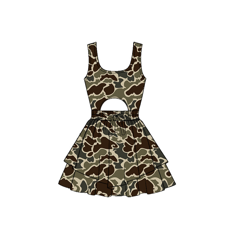 Baby Girls Southern Ducks Deer Camo Sleeveless Vest Ruffle Bottom Yoga Shorts Knee Length Dresses Preorder