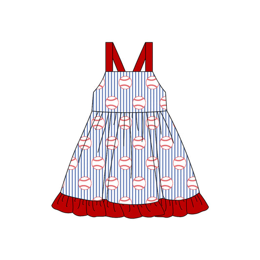 Baby Girls Strap Baseballs Stripe Team Ruffle Knee Length Dresses Preorder