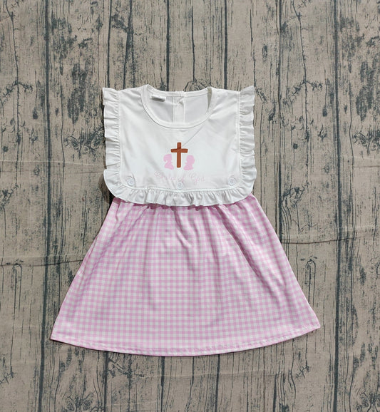 Embroidery Cross Baby Girls Pink Checked Child of God Easter Knee Length Dress Preorder