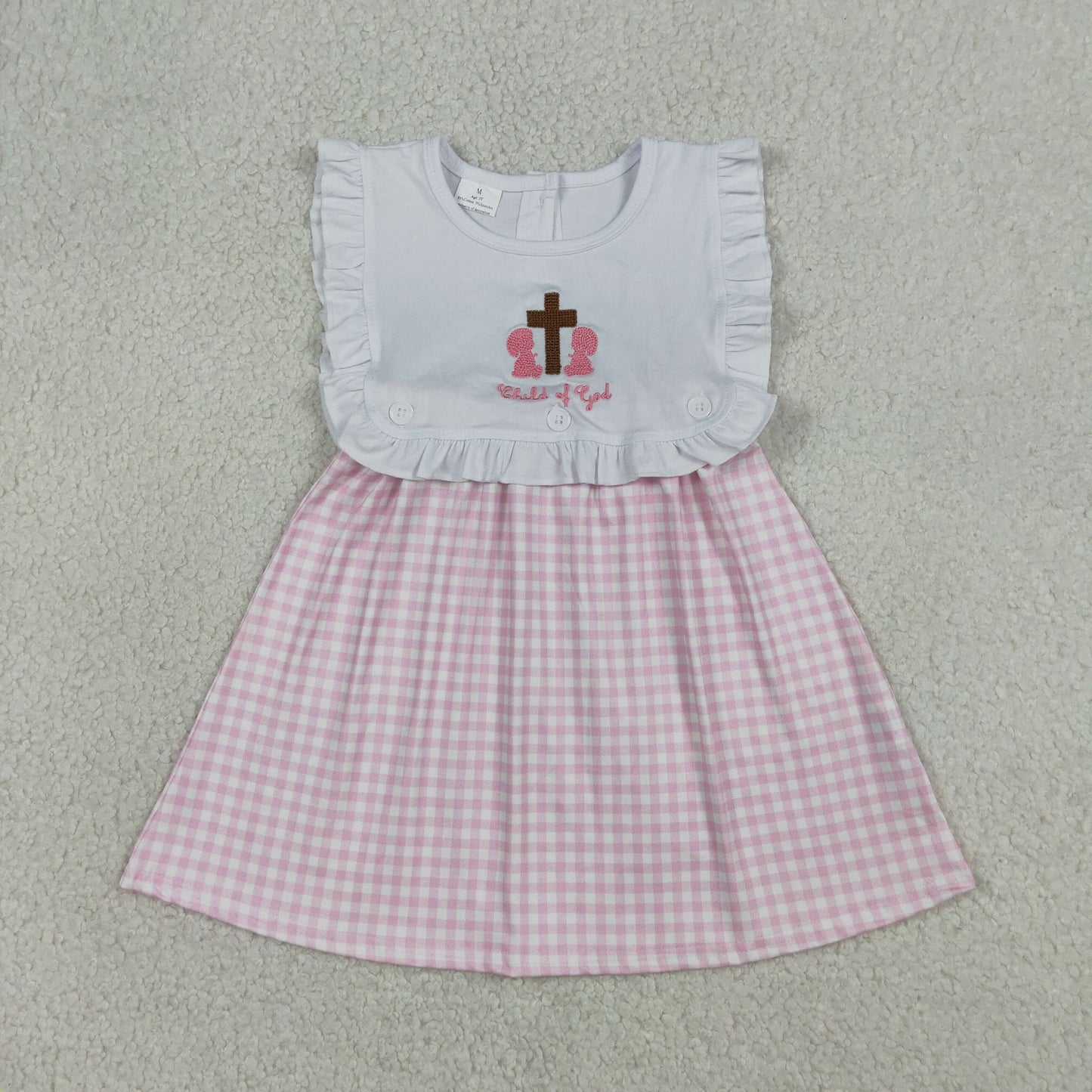 Embroidery Cross Child of God Baby Girls Pink Checked Knee Length Dress