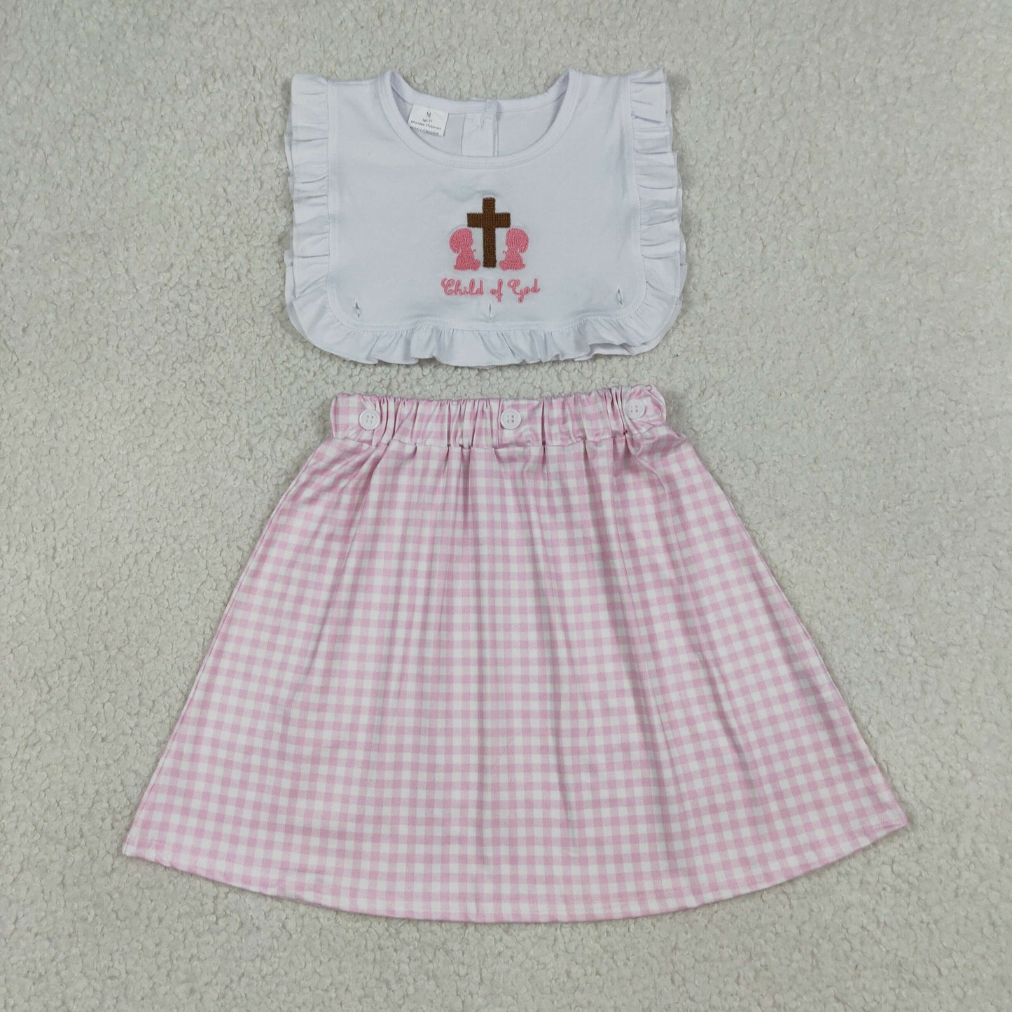 Embroidery Cross Child of God Baby Girls Pink Checked Knee Length Dress