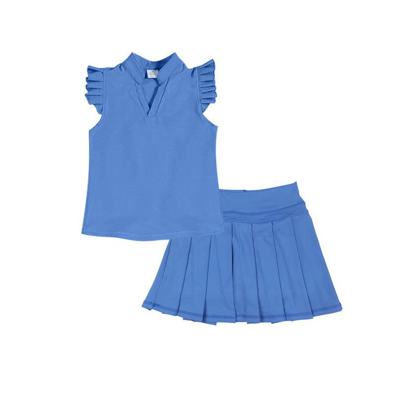 Baby Girls Hot Blue Button Shirts Top Pleated Skirt Shorts Yoga Clothes Sets Preorder