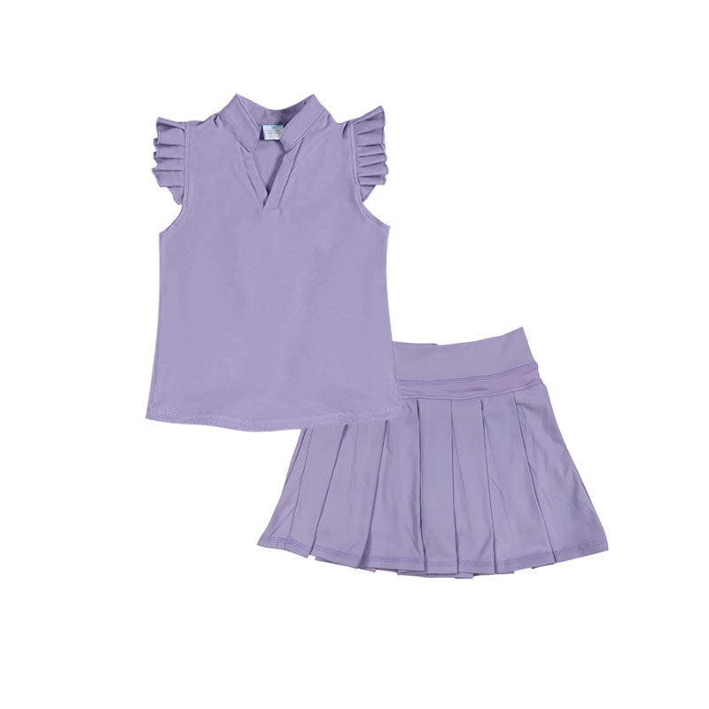 Baby Girls Lavender Button Shirts Top Pleated Skirt Shorts Yoga Clothes Sets Preorder