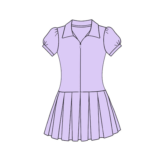 Baby Girls Lavender Short Sleeve Zipper Pleated Yoga Knee Length Dresses Preorder