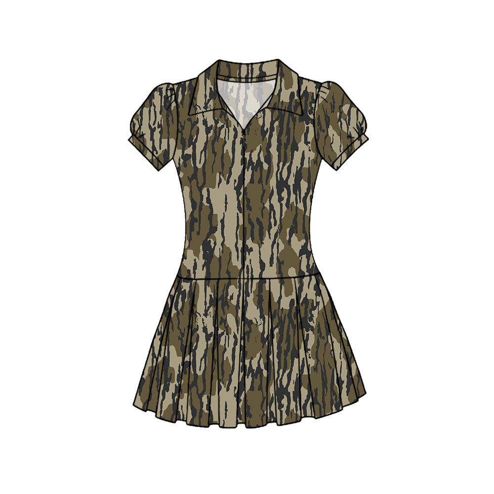 Baby Girls Southern Olive Camo Zipper Pleated Yoga Knee Length Dresses Preorder