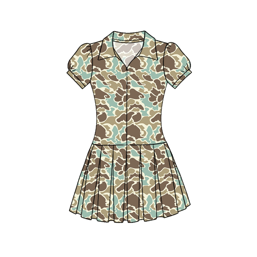 Baby Girls Southern Green Camo Zipper Pleated Yoga Knee Length Dresses Preorder
