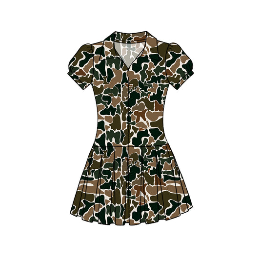 Baby Girls Southern Dark Brown Camo Zipper Pleated Yoga Knee Length Dresses Preorder