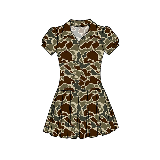 Baby Girls Southern Dark Khaki Camo Zipper Pleated Yoga Knee Length Dresses Preorder